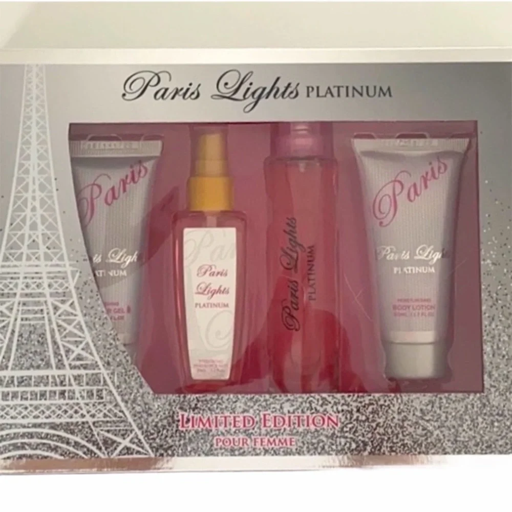 Paris Lights Bath and Body Fragrance Set Womens Cosmetics Gifts Pink Silver
